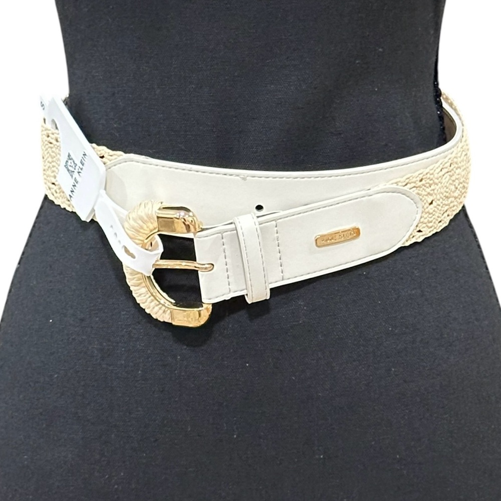 Anne Klein Cream Woven Waist Belt with Gold Buckle - Picture 1 of 6